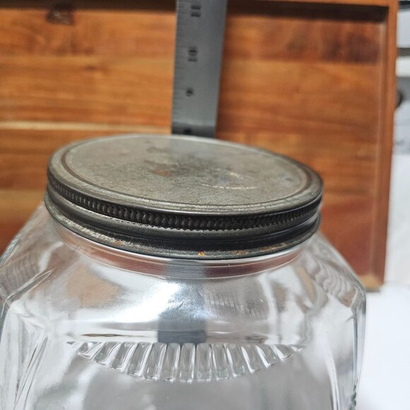 1900s Hoosier Art Deco Glass Jar Tin Lid gallon pantry storage square ribbed kit - Picture 8 of 10